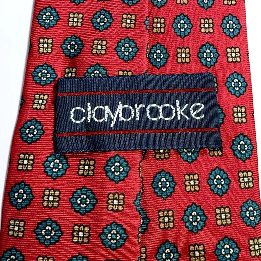 Claybrooke Mens Silk Necktie Red Teal Gold Medallion Geometric‎ Hand Made Tie